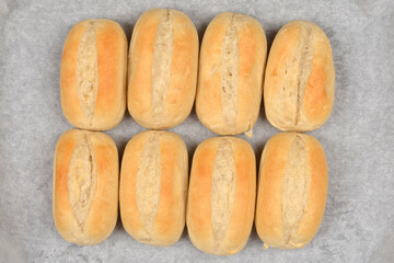 Eight freshly baked, oval-shaped rolls are arranged in two rows on baking paper, photographed from above
