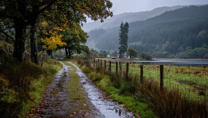 Fototapeta premium Rainy autumn path by a lake. Forested hills in background