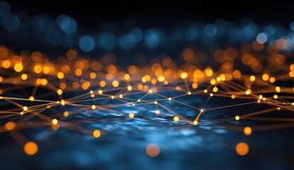 Abstract network of glowing orange and yellow points connected by lines on a dark blue background