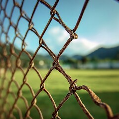 Rusty chain link fence with a blurred view of a grassy field and mountains beyond