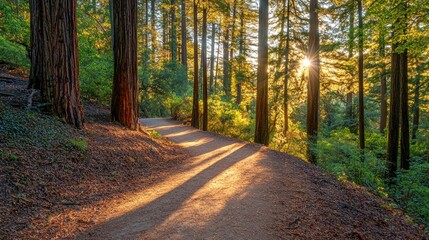 Fototapeta premium A winding nature path through a dense forest, with sunlight filtering through the trees and casting shadows on the ground.