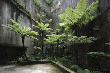 Lush ferns thrive in a concrete courtyard