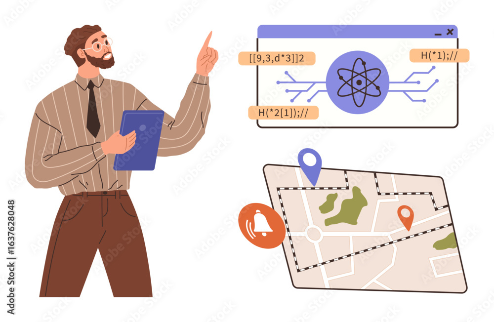 Poster man holding clipboard, presenting atomic diagram on screen, map with navigation markers. ideal for d