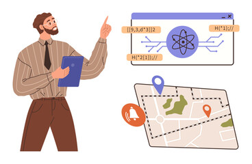 Man holding clipboard, presenting atomic diagram on screen, map with navigation markers. Ideal for data science, research, technology, navigation, education, analytics simple flat metaphor