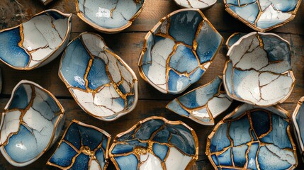 Artistic display of broken pottery reassembled in kintsugi style