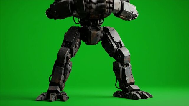 The powerful legs of a giant 3D animated combat robot for chroma key on a green screen