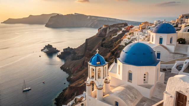 Photo of aerial view of the Santorini's whitewashed buildings iconic blue domes, churches  and caldera waters shimmering below in oia village, santorini, greece