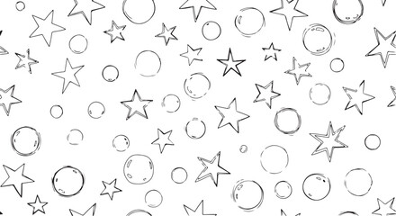 Hand-drawn stars and bubbles pattern on white background, illustration