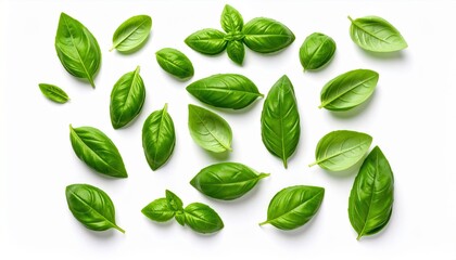 Vibrant Fresh Basil Leaves Piled Together on Clean White Background Showcasing Natural Green Colors