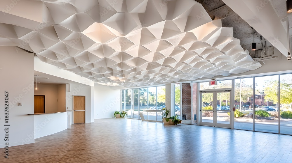 Poster open space with a textured ceiling and large windows.
