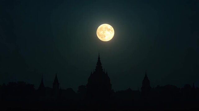 Serene Full Moon Rising Over Temple Spires During Asalha Puja - Celestial Alignment Over Sacred Shrine with Empty Space for Text