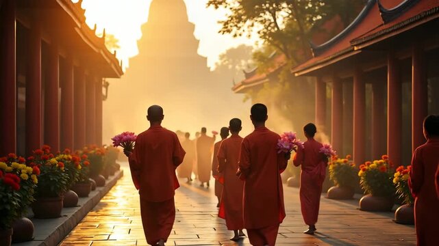 Devotees Engaged in Ritual Temple Walk Around Main Pagoda with Incense and Lotus Flowers - Spiritual Practice Photo Stock with Empty Space