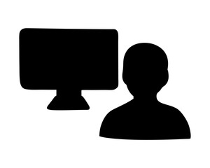 Silhouette of a person facing a computer screen on a white background