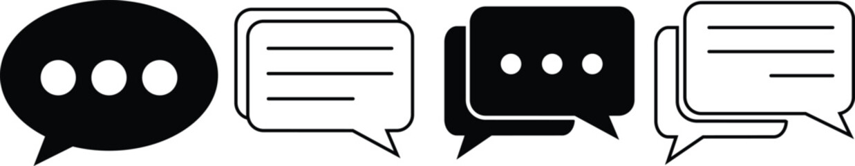Chat bubble icon set in minimalist vector style, featuring various speech and message balloon designs, isolated on white background for communication, messaging, and social media themes