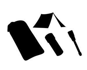 Simplified Black Silhouettes of Camping Essentials on a White Background