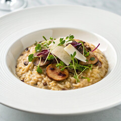 Realistic photo of creamy mushroom risotto with parmesan cheese and parsley
