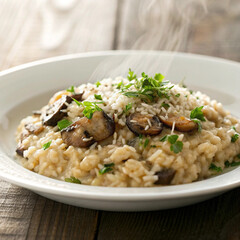 Realistic photo of creamy mushroom risotto with parmesan cheese and parsley