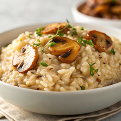 Realistic photo of creamy mushroom risotto with parmesan cheese and parsley