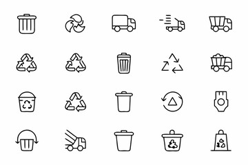 A practical bundle combining waste collection, recycling, and environmental protection symbols in clean single-stroke style. Great for municipal services, environmental groups, and sustainability proj