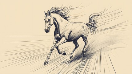 Dynamic sketch of a powerful horse galloping with wind-swept mane and tail, evoking freedom, speed, and the spirit of the wild