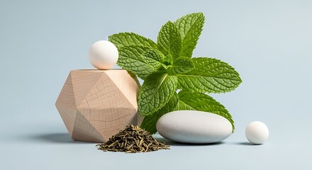 Elegant Still Life with Mint Leaves Green Tea and Geometric Shapes for Wellness Concepts