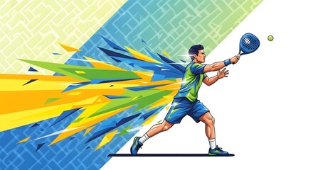 Fototapeta premium Dynamic padel player in action hitting the ball with vibrant energy against a colorful abstract background, sport concept