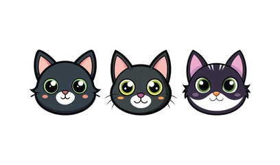 Three cute cartoon black cat faces with big eyes