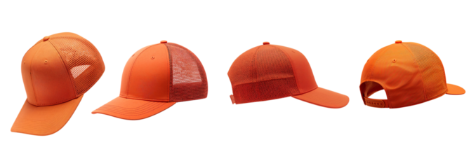 Set of orange sporty trucker cap isolated and white background and trucker caps mockups