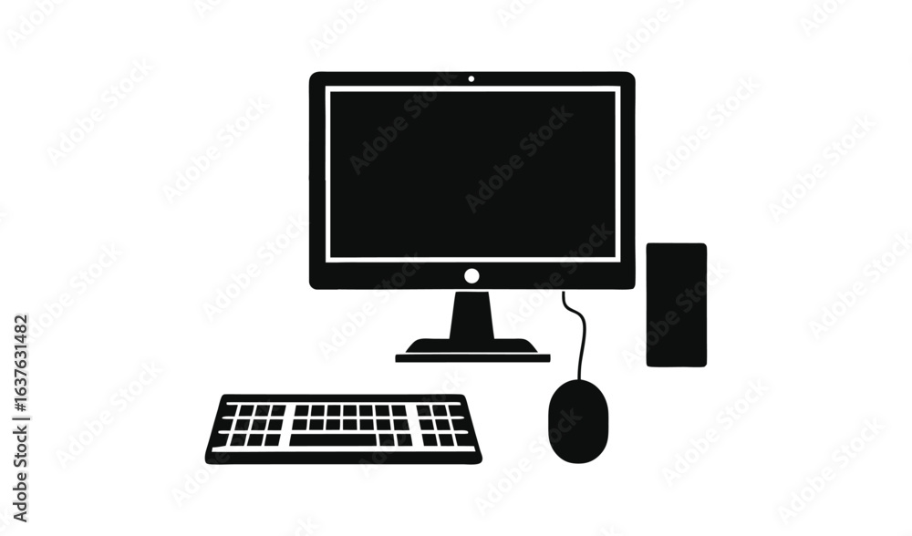 Poster black silhouette of a desktop computer with monitor keyboard and mouse