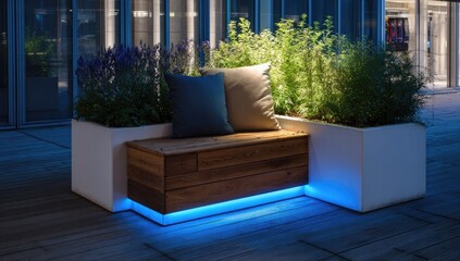 Modern outdoor bench with planters, illuminated by blue LEDs