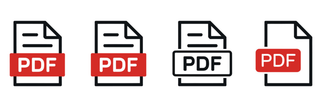 PDF file format icons set with download symbols for texts, images, vector graphics, videos, and interactive forms

