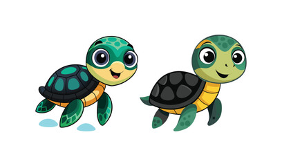 Obraz premium Two adorable cartoon baby sea turtles with big eyes