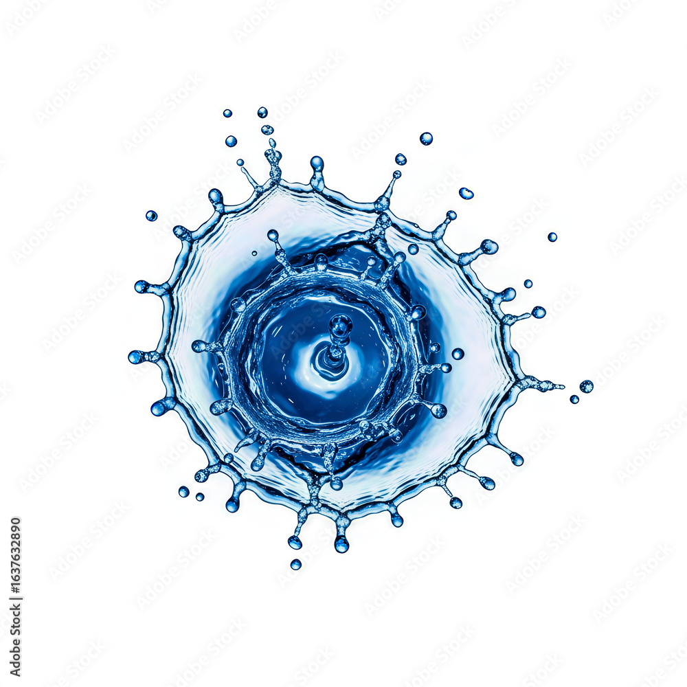 Poster a stunning splash of blue water creating a circular pattern, showcasing dynamic movement and intrica