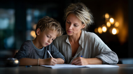 Focused homework session between adult and child at table