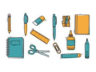 Creative Stationery Array: A curated collection of stationery essentials, meticulously arranged to inspire creativity and organization, rendered in a vibrant illustration.