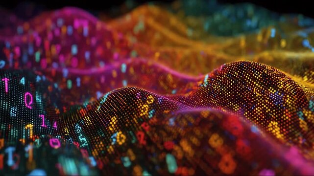 Abstract digital wave with colorful numeric data and patterns  