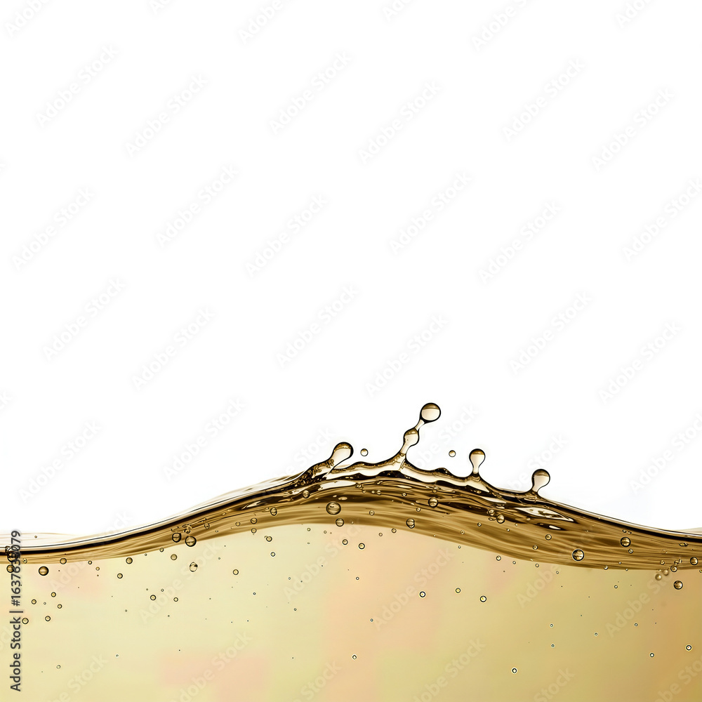 Poster golden liquid forms dynamic waves and droplets, illustrating fluid motion and texture.