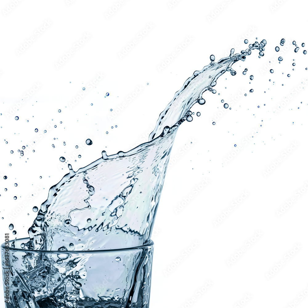 Poster a dynamic splash of water erupts from a glass, creating a mesmerizing display of droplets and moveme