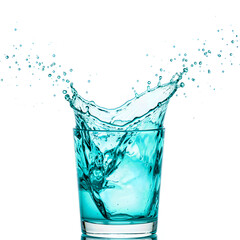 A glass of water creates a dynamic splash, showcasing vibrant blue hues and captivating motion.