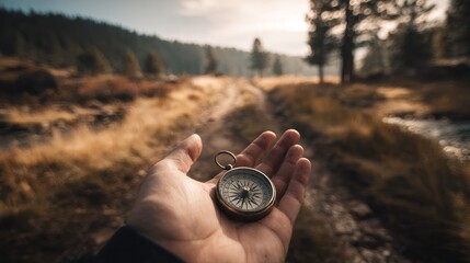 Guiding Hand in the Wilderness: A lone hand delicately cradles a classic compass, set against a blurred backdrop of rugged terrain, symbolizing journey and discovery.