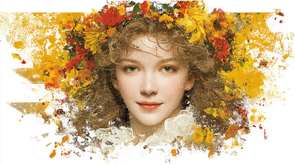 Portrait of a young woman adorned with a vibrant floral crown against a colorful backdrop