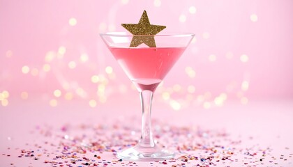 Pink cocktail in martini glass garnished with gold star, pink background, confetti