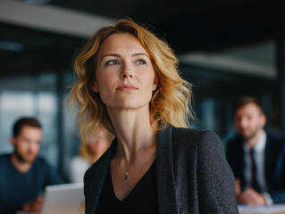 Vibrant, colorful photograph of a diverse team of professionals. A female director is at the center, leading the discussion and pointing to charts and graphs on a screen.