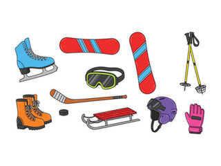 Winter Sport Essentials: A vibrant illustration showcasing essential equipment for winter sports, including ice skates, snowboards, goggles, hockey stick, sled.