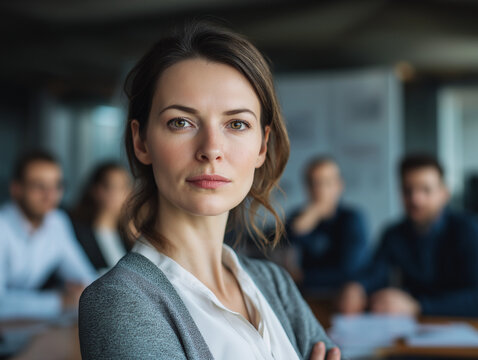 Vibrant, colorful photograph of a diverse team of professionals. A female director is at the center, leading the discussion and pointing to charts and graphs on a screen. - Powered by Adobe