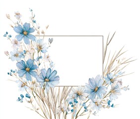 Naklejka premium Delicate floral frame with light blue cosmos and beige grasses. A light beige rectangular frame is surrounded by light blue and white watercolor flowers, small sprigs, and beige dried grasses