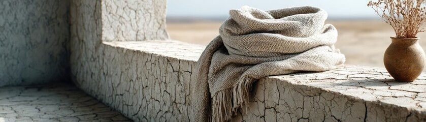 Fototapeta premium Torn section of knit linen concept. Cozy blanket draped on textured surface with a vase and flowers.