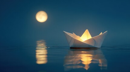 Folded paper boat carrying glowing pearl on moon-reflected lake. Poetic animation background asset.