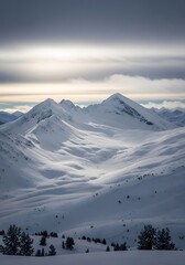 Snowy Mountain Range Landscape with Cloudy Sky and Scattered Trees