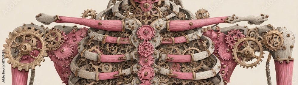 Poster gear cluster in steampunk armor concept. intricate mechanical design of a skeletal structure with ge